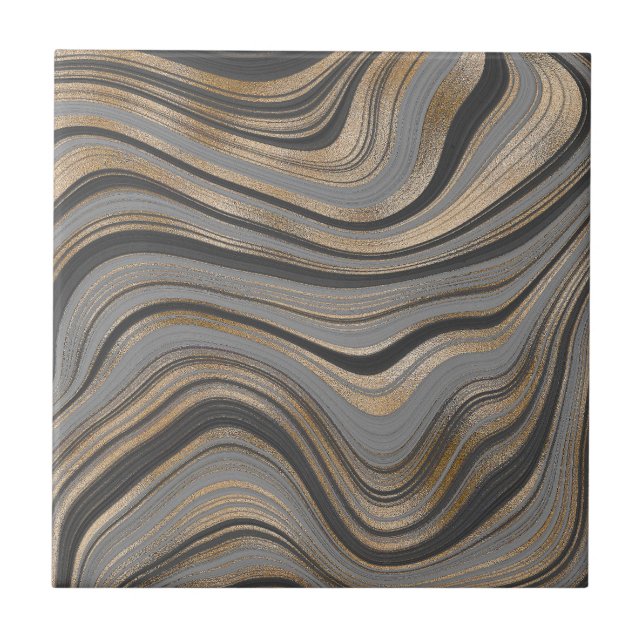 Elegant Black gold grey agate fluid marble Tile (Front)
