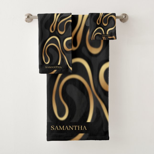 Elegant Black, Gold Grey Marble Effect Name Bath Towel Set (Insitu)