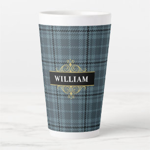 Elegant Black Gold Grey Plaid Monogram Latte Mug