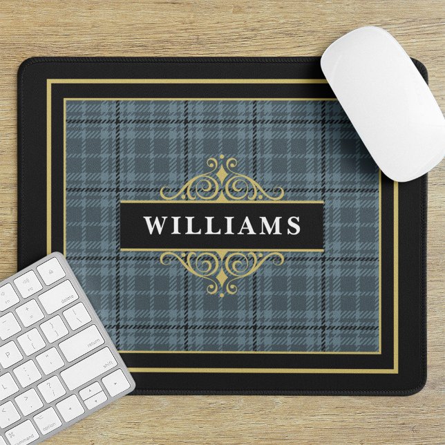 Elegant Black Gold Grey Plaid Monogram Mouse Mat (Creator Uploaded)