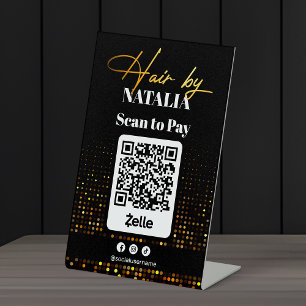 Elegant Black Gold Hair Salon Scan to Pay QR Code  Pedestal Sign