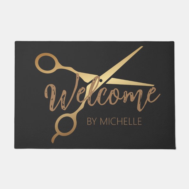 Elegant Black gold Hairstylist Salon Name  Doormat (Front)