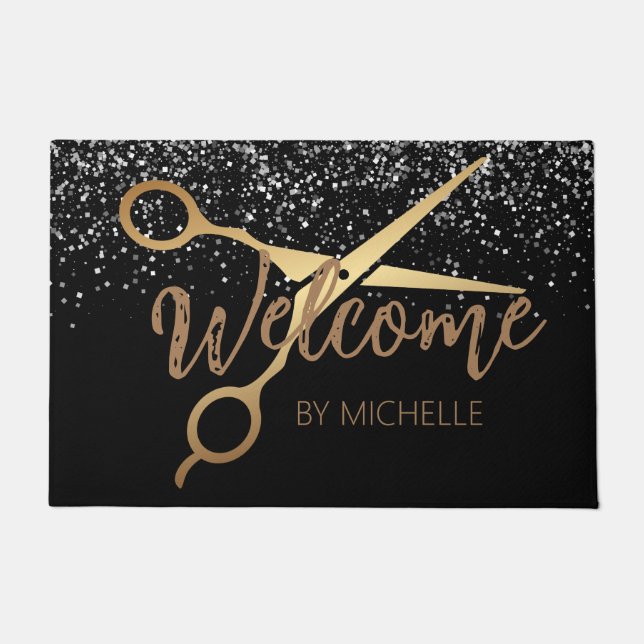 Elegant Black gold Hairstylist Salon Name  Doormat (Front)