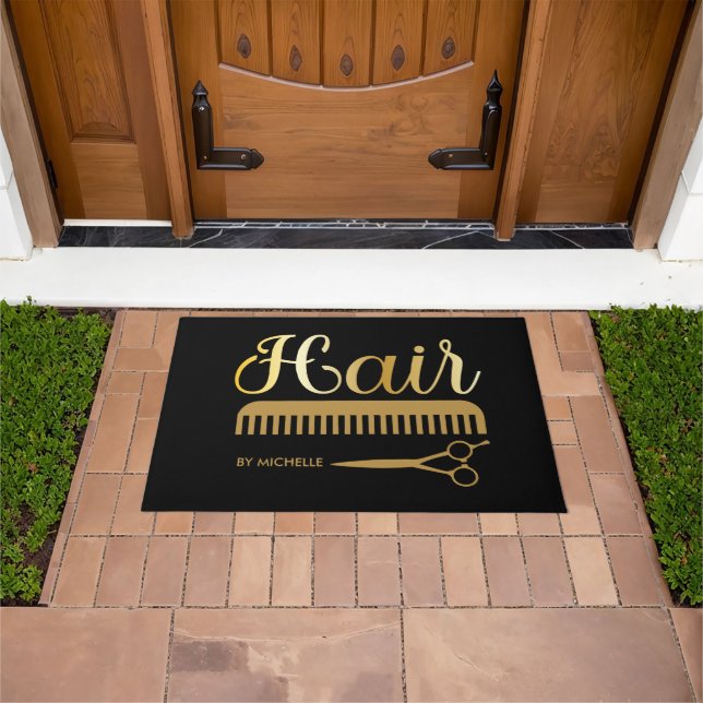 Elegant Black gold Hairstylist Salon Name Doormat (Outdoor)