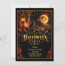 Elegant Black Gold Halloween Party Invitation
