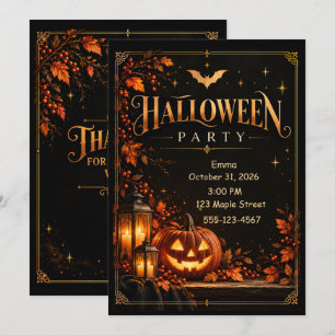 Elegant Black Gold Halloween Party Invitation