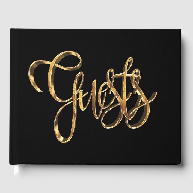 Elegant Black Gold Handwriting Typography Guests Guest Book (Front)