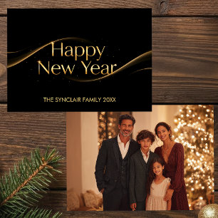 Elegant Black Gold Happy New Year Family Photo Hol Holiday Card