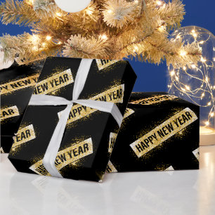 Elegant Black Gold Happy New Year Wrapping Paper