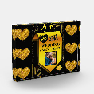 Elegant Black Gold Heart 25th Wedding Anniversary Photo Block