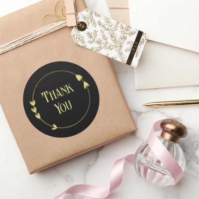 Elegant Black Gold Heart Circle Thank You Classic Round Sticker (Gifting)