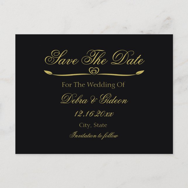 Elegant Black & Gold Heart Flourish Save the Date Announcement Postcard (Front)