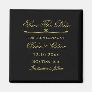 Elegant Black & Gold Heart Flourish Save the Date Magnet