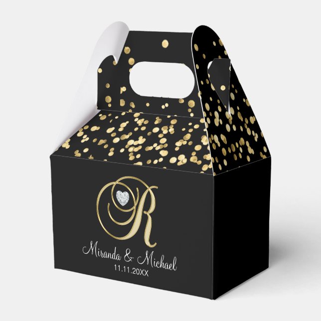 Elegant Black Gold Heart Monogram R Wedding Gift Favour Box (Front Side)