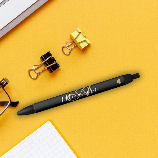 Elegant Black Gold Heart Script Name Monogram Blac Black Ink Pen (Elegant Black Gold Heart Script Name Monogram Blac Black Ink)
