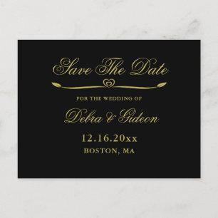 Elegant Black Gold Heart Wedding Save the Date Announcement Postcard