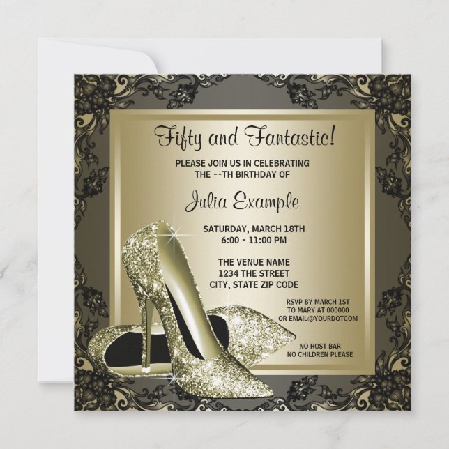 Elegant Black Gold High Heel Womans Birthday Party Invitation (Front)