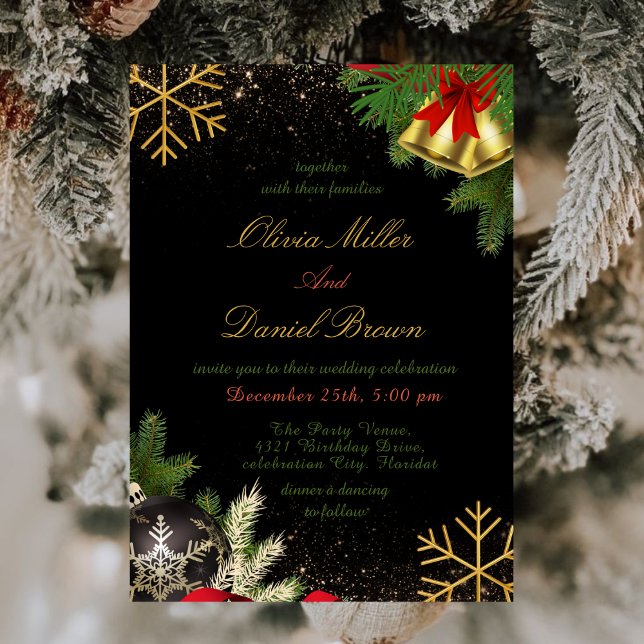 Elegant Black & Gold Holiday Christmas Wedding Invitation (Creator Uploaded)