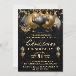 Elegant Black & Gold Holiday Ornaments Invitation