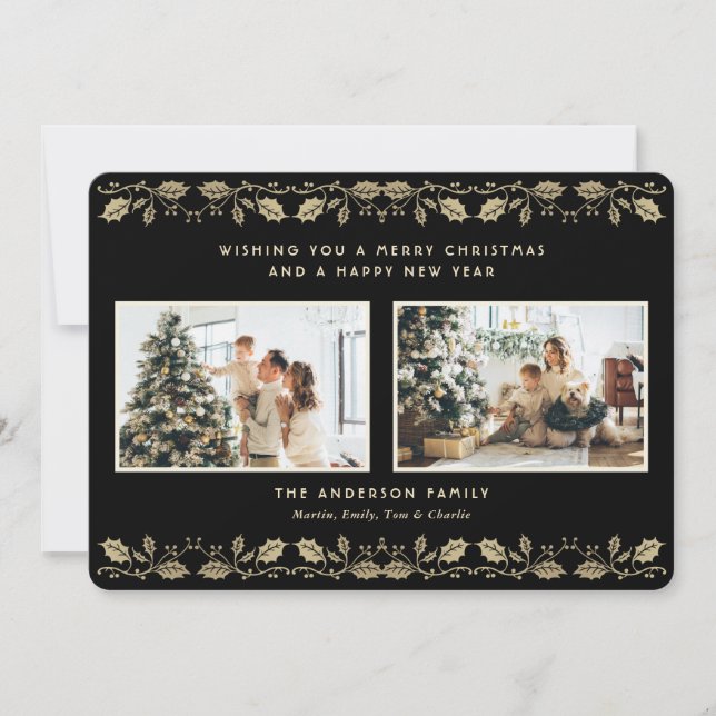 Elegant Black Gold Holly Berries Photo Holiday Card (Front)