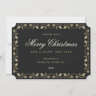 Elegant Black Gold Holly Business Christmas Card