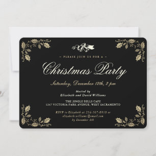 Elegant Black Gold Holly Christmas Holiday Party Invitation