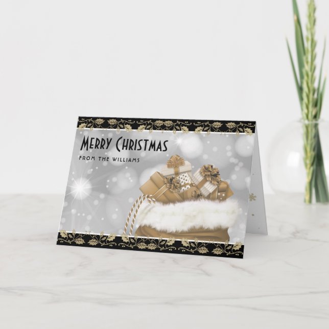 Elegant Black Gold Holly Christmas Presents Holiday Card (Front)