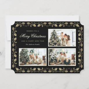 Elegant Black Gold Holly Family 3 Photo Christmas Holiday Card