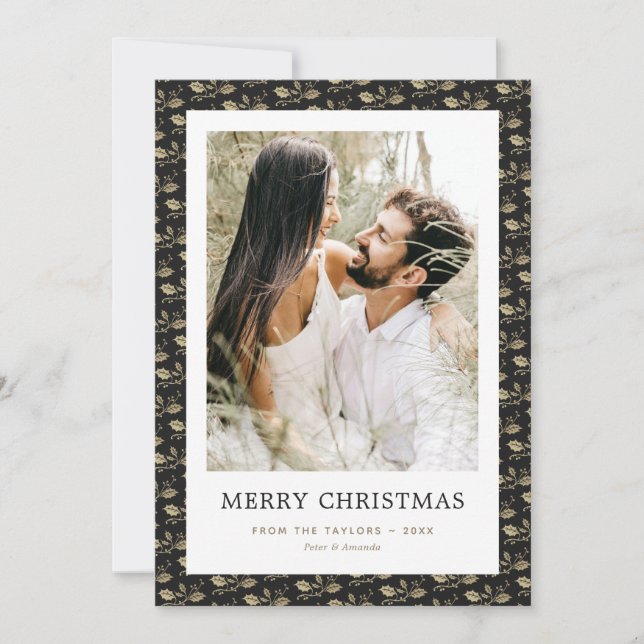 Elegant Black Gold Holly Photo Merry Christmas Holiday Card (Front)