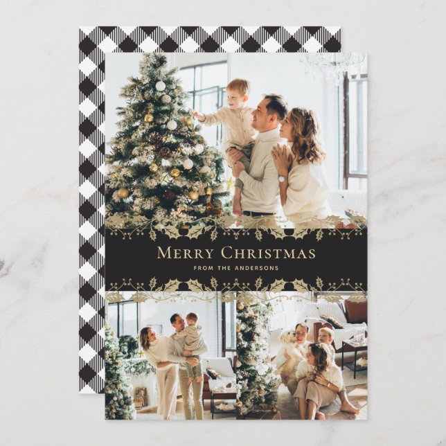 Elegant Black Gold Holly Plaid Photo Christmas Holiday Card (Front/Back)