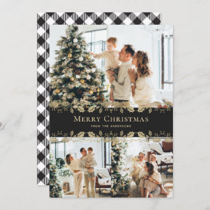 Elegant Black Gold Holly Plaid Photo Christmas Holiday Card