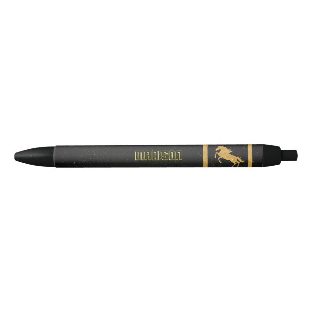 Elegant Black Gold Horse personalised School Black Ink Pen (Front)