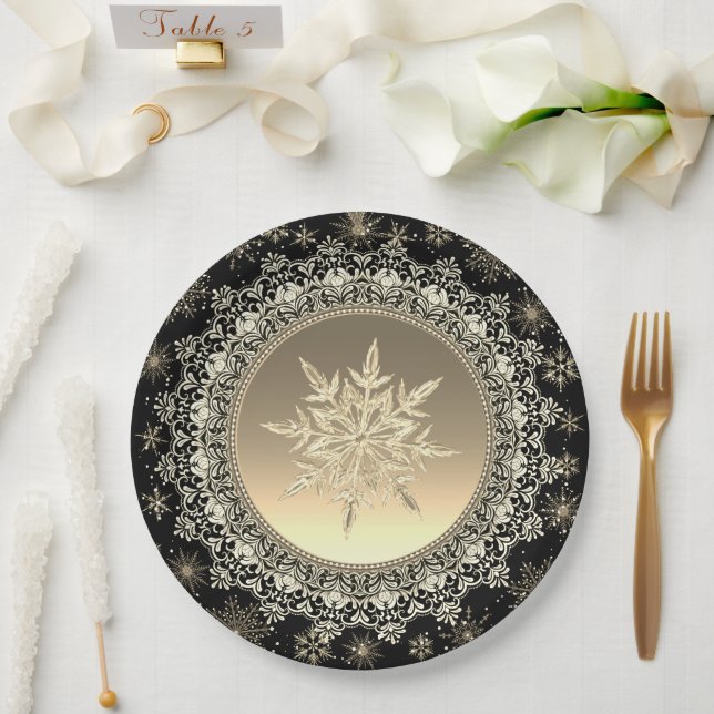 Elegant Black & Gold Ice Crystal Snowflake Paper Plate (Wedding)