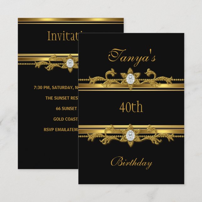 Elegant Black Gold Jewel 40th Birthday Invitation (Front/Back)