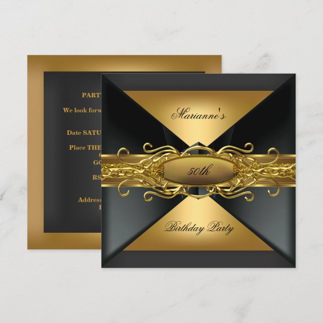 Elegant Black Gold Jewel Birthday Party 50th Invitation (Front/Back)
