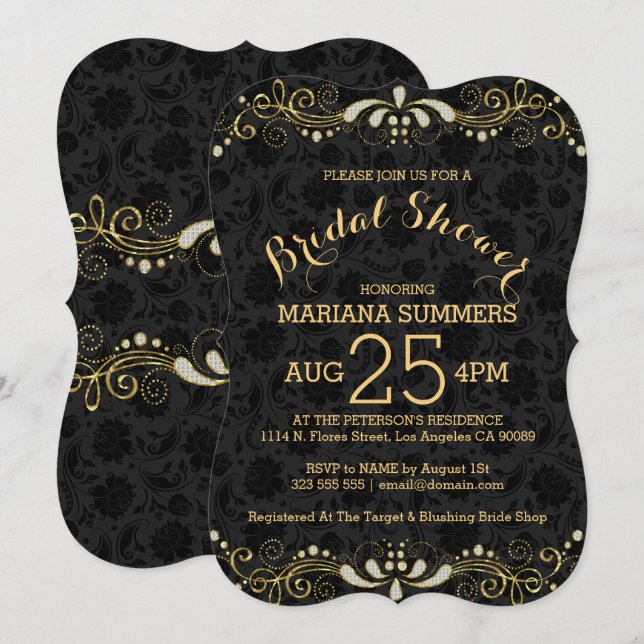 Elegant Black & Gold Lace Bridal Shower Invitation (Front/Back)