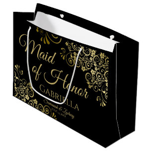 Elegant Black & Gold Lace Maid of Honour Wedding Large Gift Bag