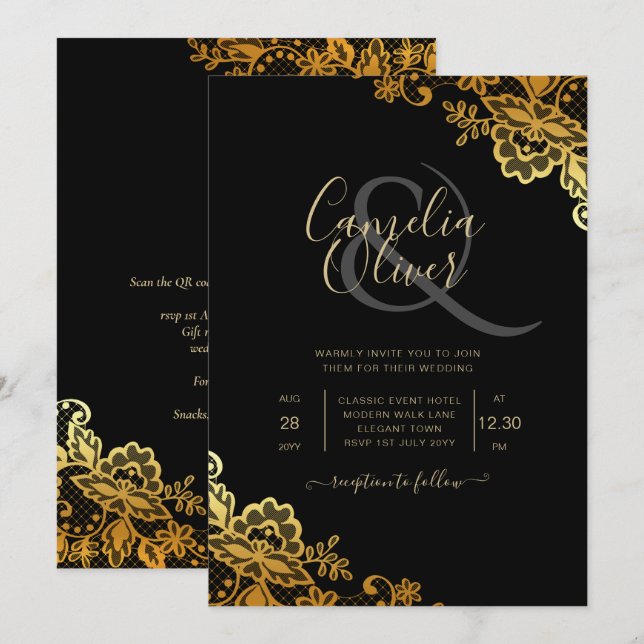 Elegant Black Gold Lace Modern Wedding  Invitation (Front/Back)