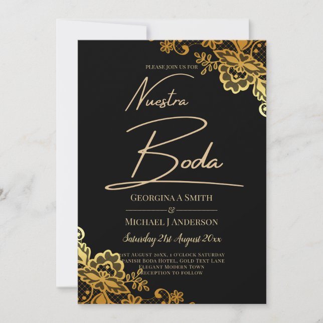 Elegant Black Gold Lace Modern Wedding  Invitation (Front)