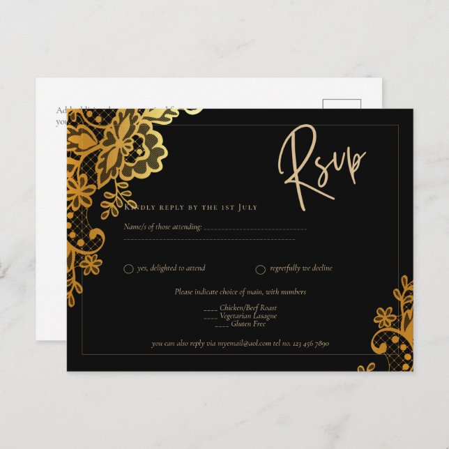 Elegant Black Gold Lace Modern Wedding  Postcard (Front/Back)