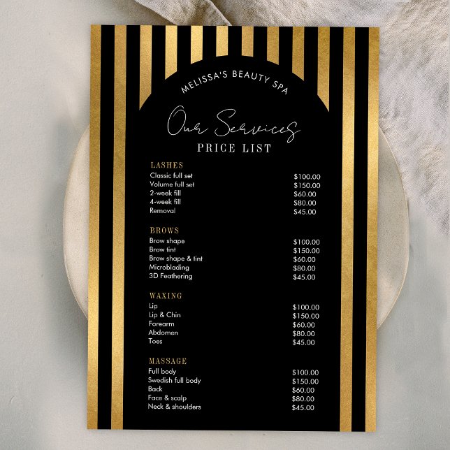 Elegant Black & Gold Lashes Hair Spa Price List (Creator Uploaded)