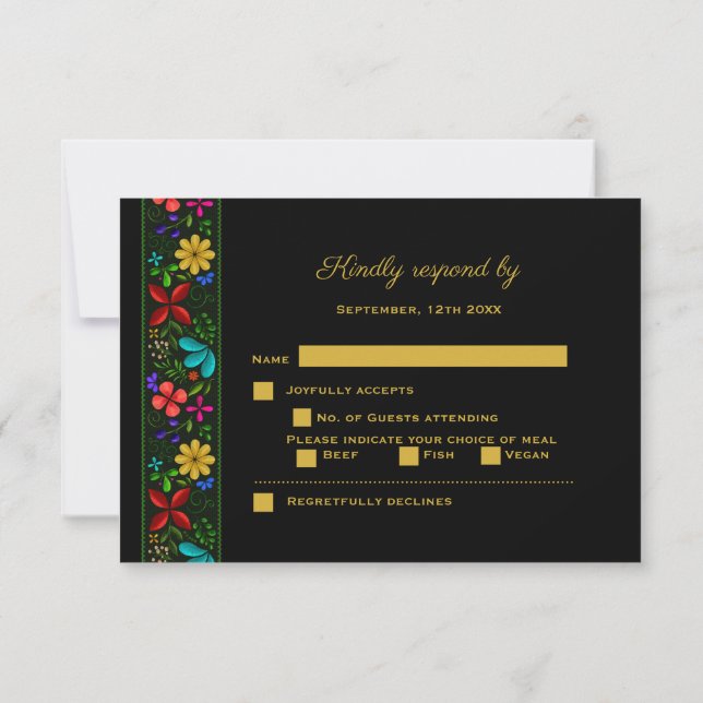 Elegant Black Gold Latin American Floral Wedding RSVP Card (Back)