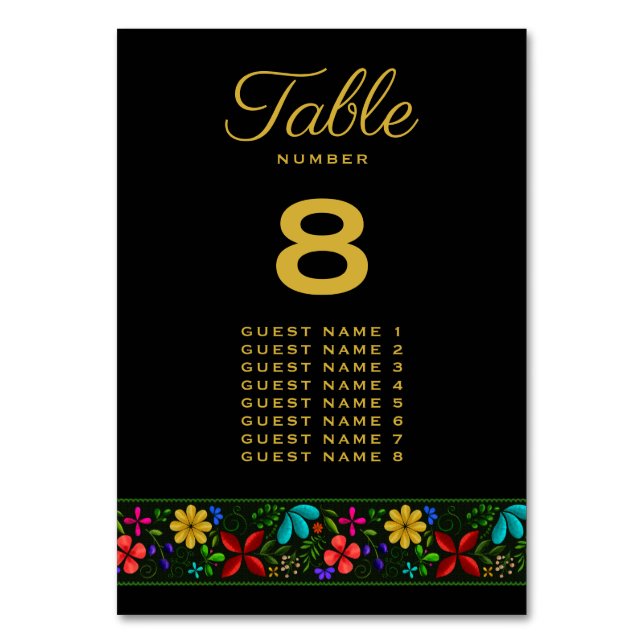 Elegant Black Gold Latin American Floral Wedding  Table Number (Front)
