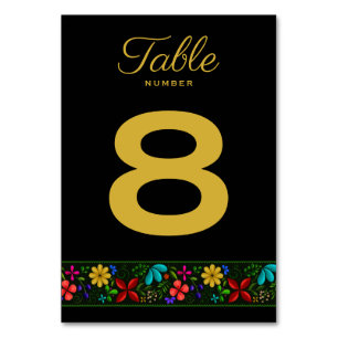 Elegant Black Gold Latin American Folk Floral Table Number