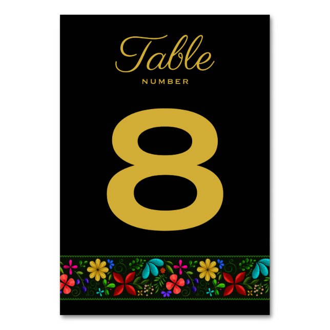 Elegant Black Gold Latin American Folk Floral Table Number (Front)