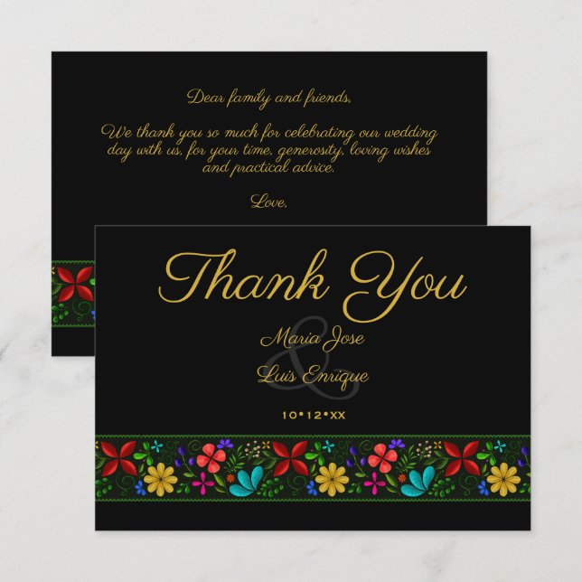 Elegant Black Gold Latin Folk Floral Wedding Thank You Card (Front/Back)