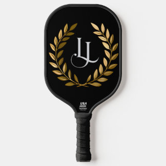 Elegant Black & Gold Laurel Monogram Pickleball Pa Pickleball Paddle
