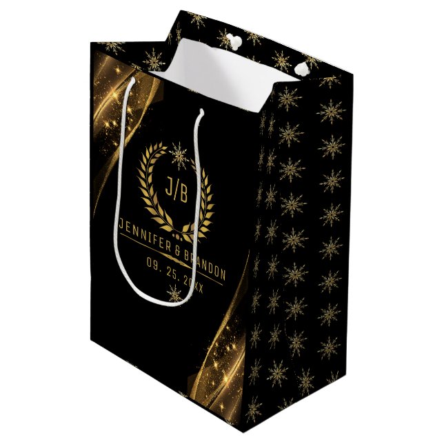 Elegant Black Gold Laurel Treat Festive Design Medium Gift Bag (Front Angled)