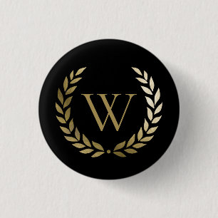 Elegant Black Gold Laurel Wreath Monogram 3 Cm Round Badge