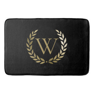 Elegant Black Gold Laurel Wreath Monogram Bath Mat